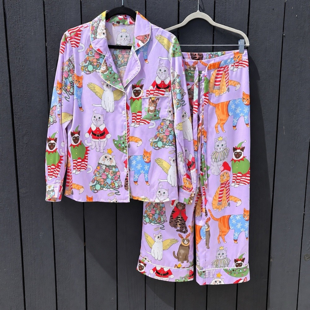 Karen Mabon Christmas Cats Satin Pajama Set S Holiday Graphic Whimsical Novelty